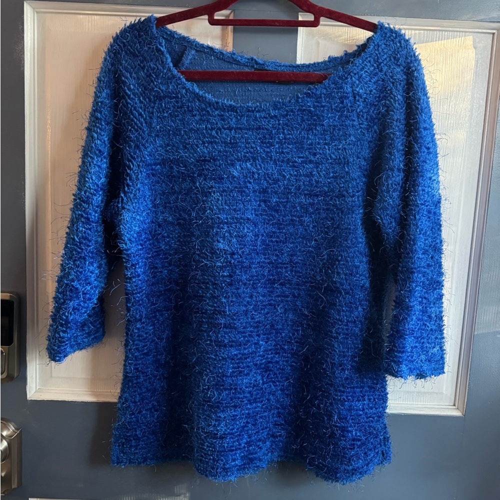 Cactus Flower Blue Textured Chenille Sweater Boho Cozy